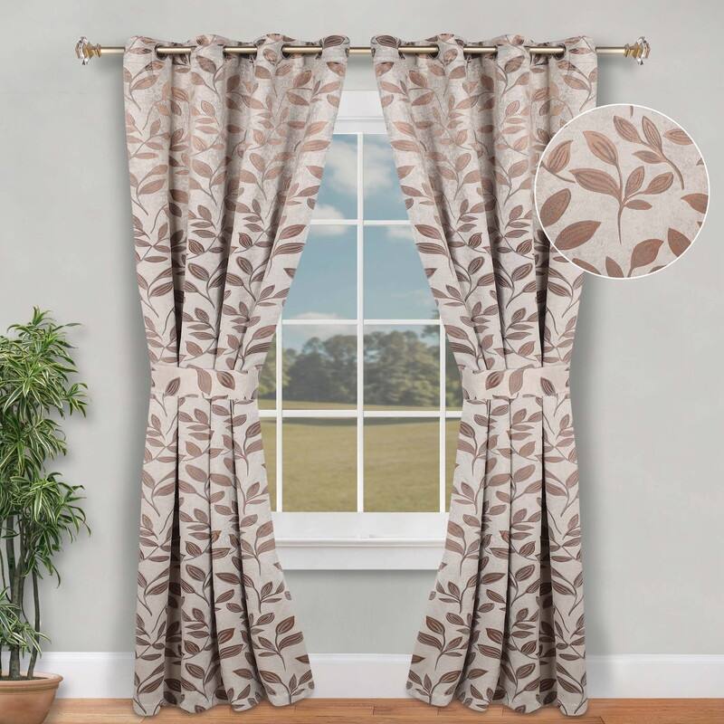Superior Leaves Machine Washable Room Darkening Grommet With Ties Blackout Curtains, Set of 2