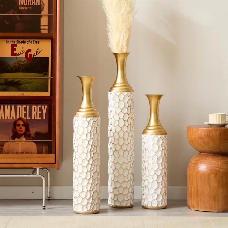 Decorated Floor Glazed Metal Vases (Set of 3)