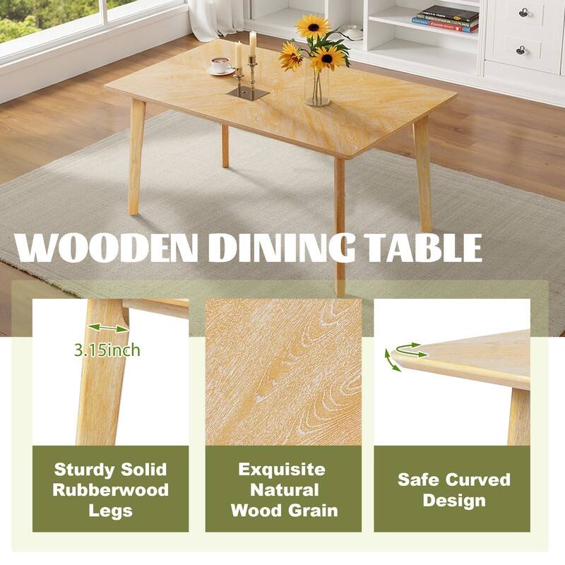 Retro Rubberwood Dining Table for 6, Minimalist Rectangular Kitchen Table