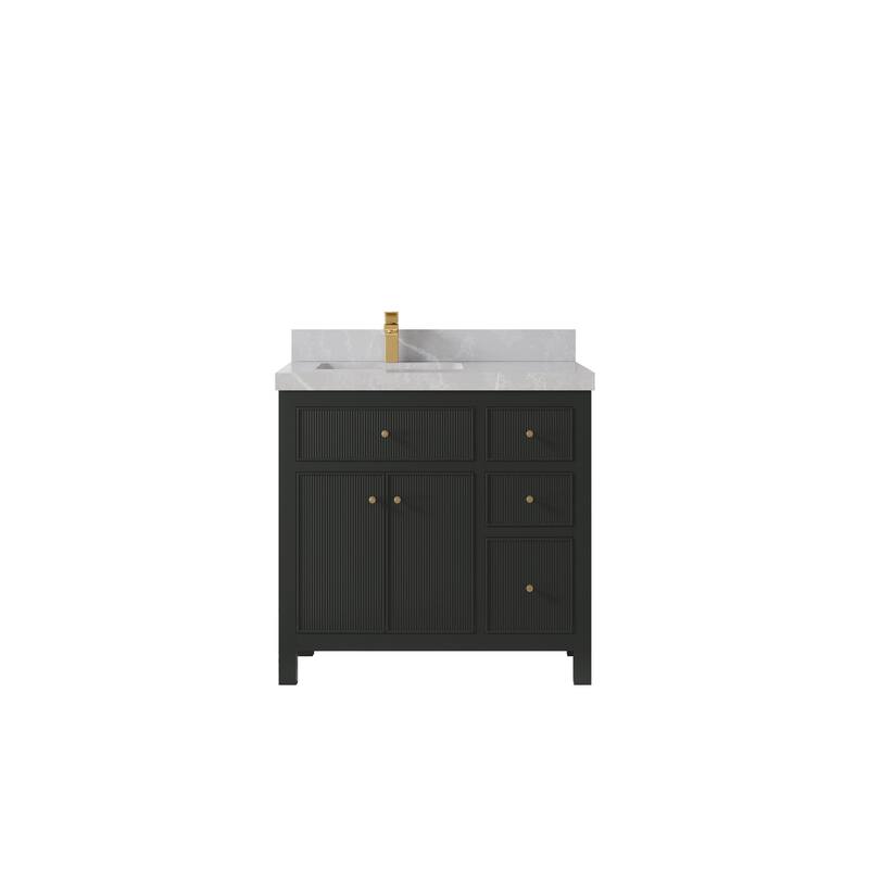 Willow Collections 36 in W x 22 in D Sonoma Left Offset Free Standing Reeded Bathroom Vanity with Countertop - 2" Pearl Gray - Black Top