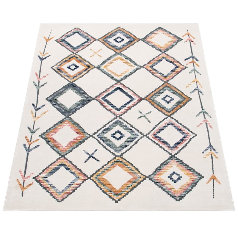 Ethnic Design Area Rug in Beige Cream with colorful Boho Pattern