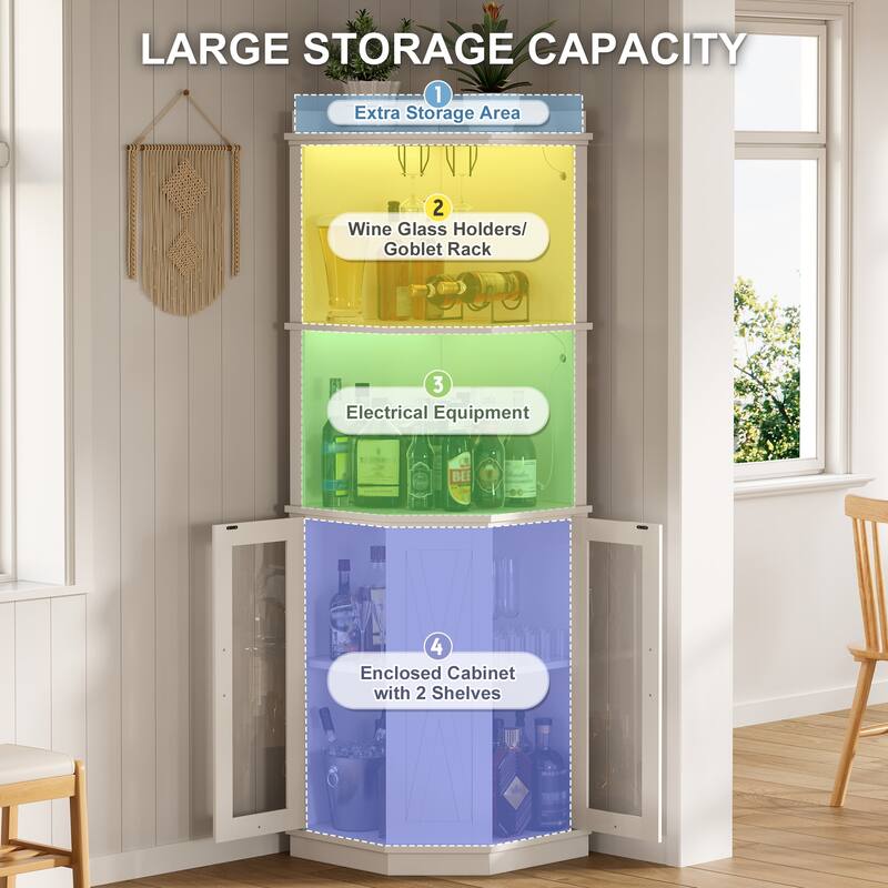 67.3" Corner Kitchen Bar Cabinet Farmhouse Wine Bar Cabinet with Power Outlet, LED Lights, Glass Rack & Adjustable Shelves