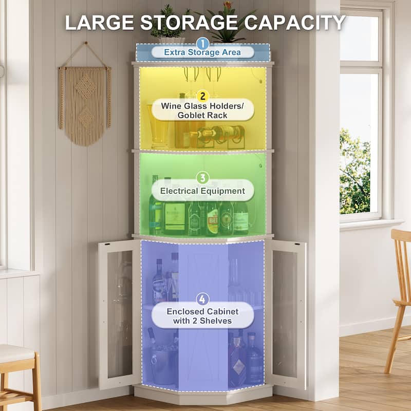 Farmhouse 67.3" Corner Wine Bar Cabinet with Power Outlet and Adjustable Shelves