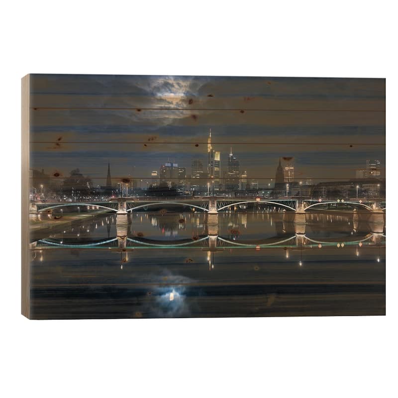 Frankfurt At Full Moon Print On Wood by Mike / Match-Photo - Multi-Color - 26x40x1.5