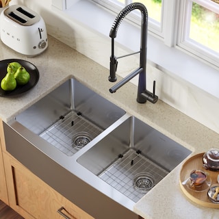 Karran Elite Apron-Front Stainless Steel 36 in. 16-Gauge Double Bowl Farmhouse Kitchen Sink Kit