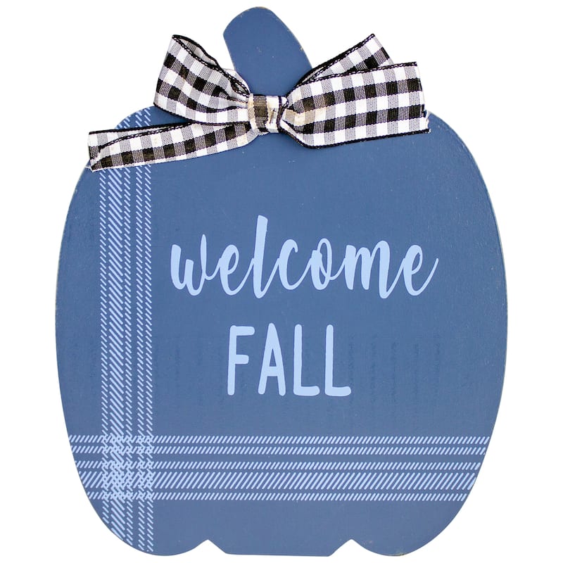 Fall Harvest Wooden "Hi Pumpkin" and "Welcome Fall" Plaques with Bow - 8" - Set of 2