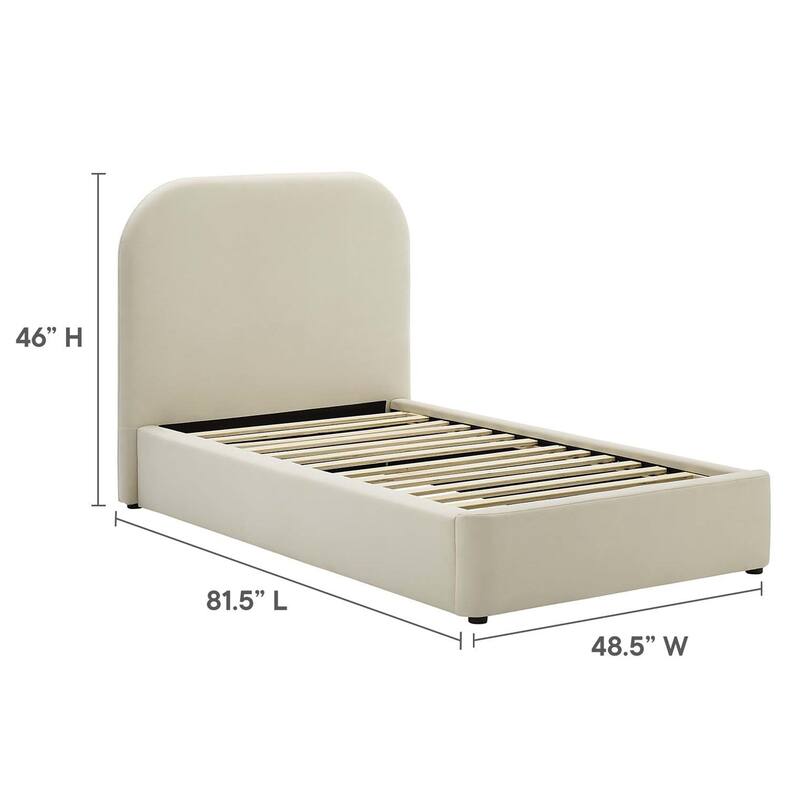 Hillsway Modern Curved Headboard Off-white Velvet Upholstered Twin Size Platform Bed