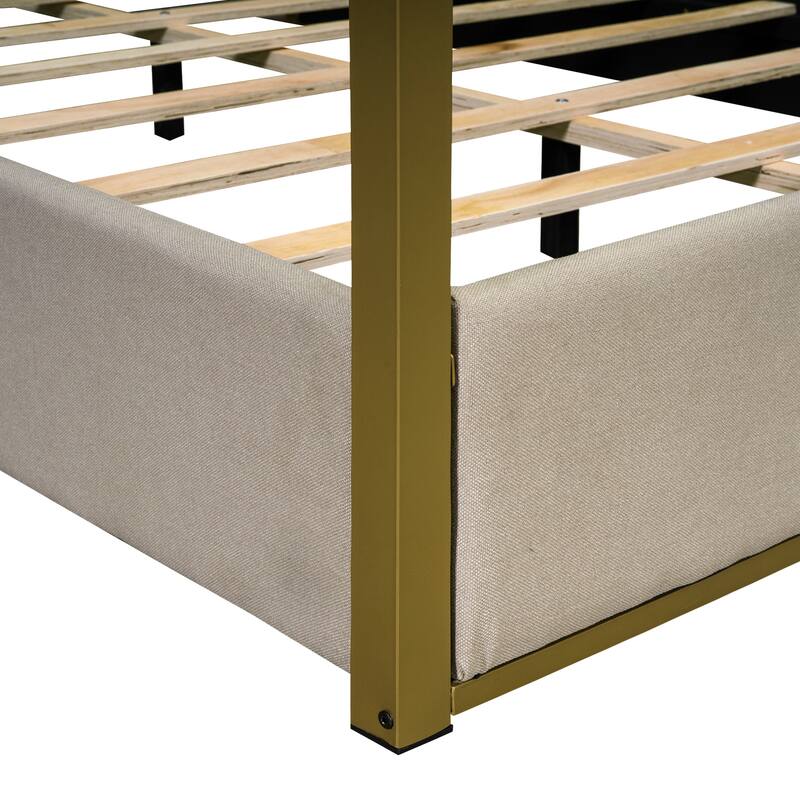 Queen Size Canopy Platform Bed with Upholstered Headboard, Sturdy Metal Frame, and 4-Poster Design, Perfect for Master Bedrooms