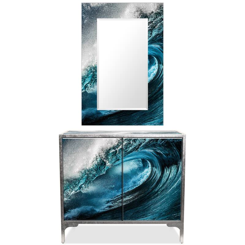 "Sapphire Sea" Reverse Printed Beveled Art Glass Cabinet Console Table and Mirror set - 42" x 37 x 17" & 48" x 32"