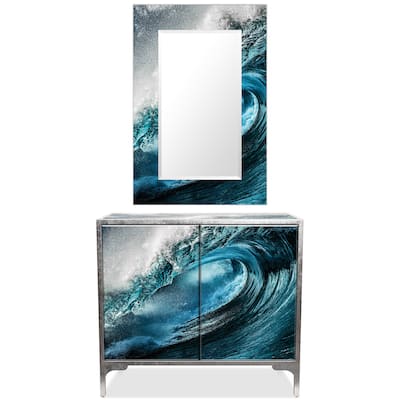 "Sapphire Sea" Reverse Printed Beveled Art Glass Cabinet Console Table and Mirror set - 42" x 37 x 17" & 48" x 32"