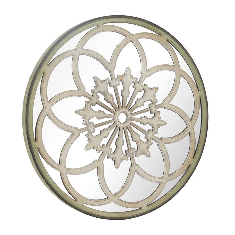 Wooden Floral Medallion Wall Mirror - Cream - Roche River Decor - 2"W x 40"L x 40"H