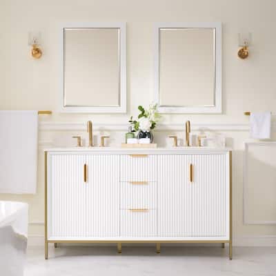 35''H Solid Wood Bathroom Vanity With Carrera White Quartz Top and Sink,White