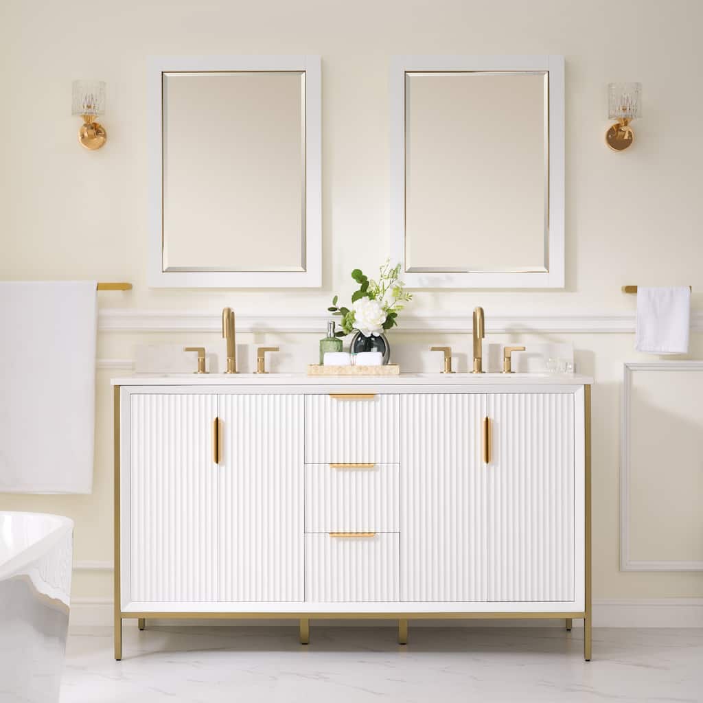 35''H Solid Wood Bathroom Vanity With Carrera White Quartz Top and Sink,White