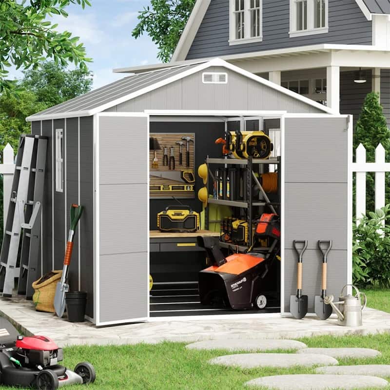 6 ft x 4 ft/6 ft x 8 ft/8 ft x 6 ft/8 ft x 10 ft All-Weather Resin Outdoor Plastic Storage Shed w/Floor, Spire Tool Shed - Gray - 8 x 10 