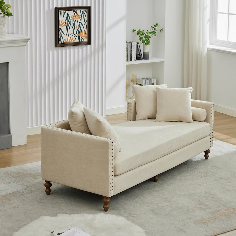 75.2"W Upholstered Chaise Lounge with Nailheads,Sleeper Sofa Couch With 4 Throw Pillows&2 Bolsters,Daybed with Rubberwood Legs
