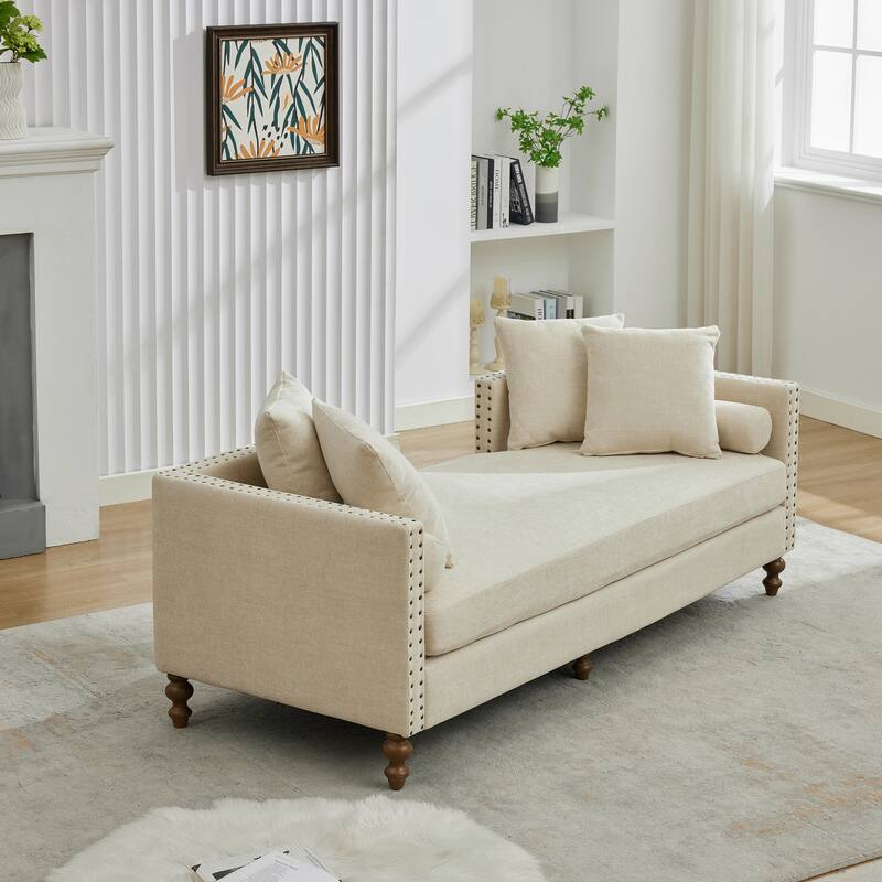 75.2"Wide Upholstered Chaise Lounge with Nailheads, Sleeper Sofa Couch With 4 Throw Pillows & 2 Bolsters, Rubberwood Legs