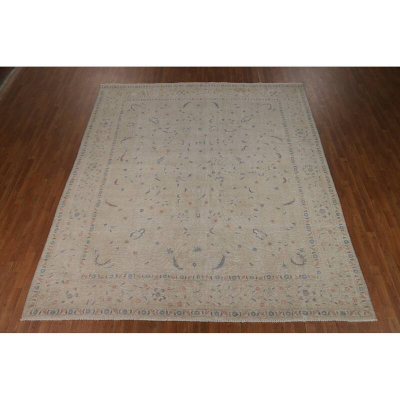 Distressed Floral Tabriz Persian Area Rug Hand-Knotted Wool Carpet - 9'5"x 10'10"