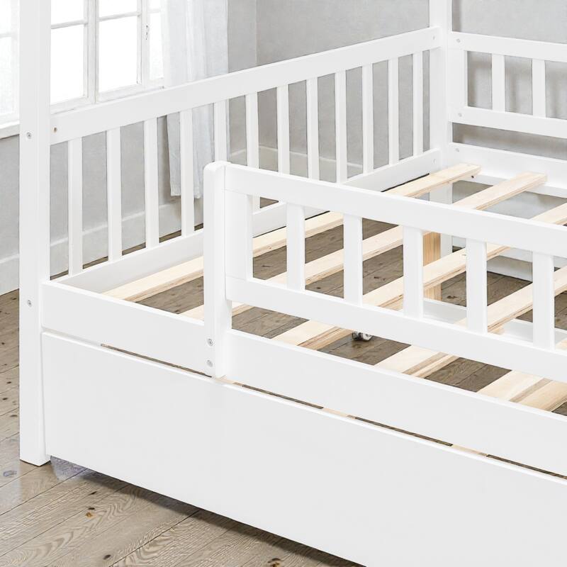 Twin/Full Wooden House Bed with Twin Trundle, Kids Platform Bed Frame with Roof Design, Solid Pine Wood