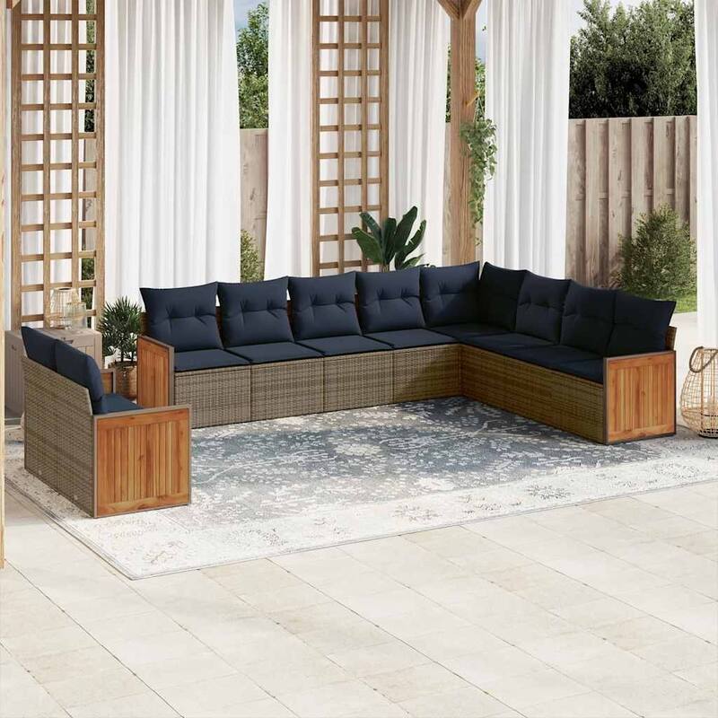 vidaXL 10/11 Piece Patio Sofa Set with Cushions Black/Gray Poly Rattan - 21.7 x 24.4 x 27.2 - Gray Without table