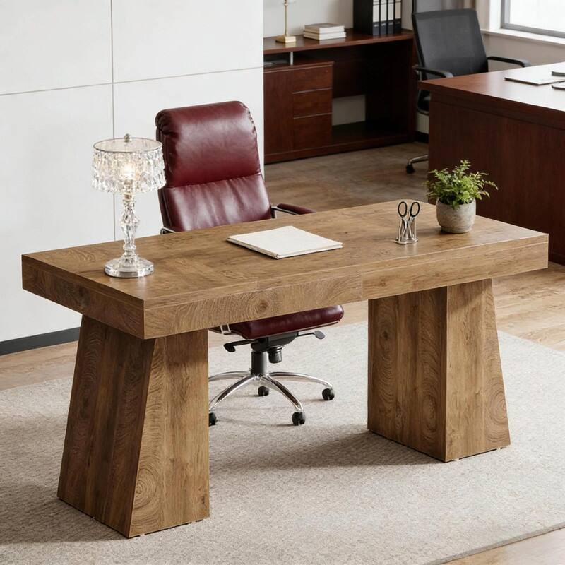 55" Mid-Century Modern Executive Desk with Trapezoid Base for Home Office
