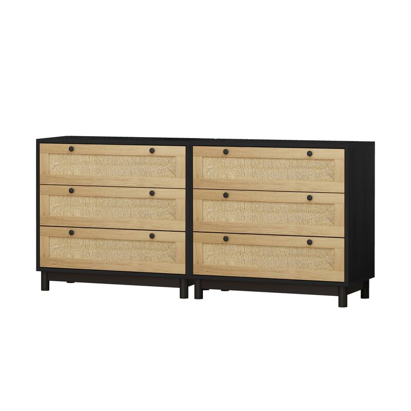Rustic 3-Drawer Storage Cabinets with Rope Woven Drawers - Set of 2