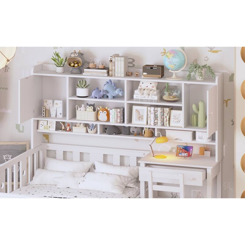 Twin Size Multifunctional Wood Platform Bed with Bookshelf,Built-in Desk and Matching Chair