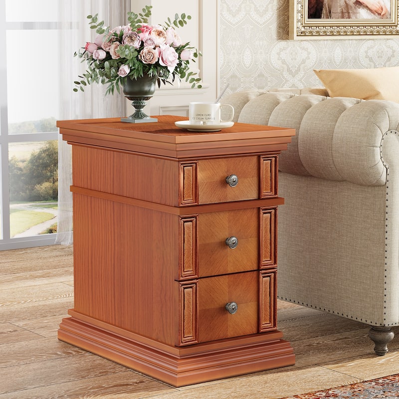 Narrow End Table with 3 Drawers, 19.69''D Vintage Sofa Side Table - Walnut