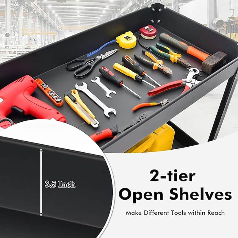 2-Tier Utility Cart Metal Rolling Tool Storage Organizer w/ Handle