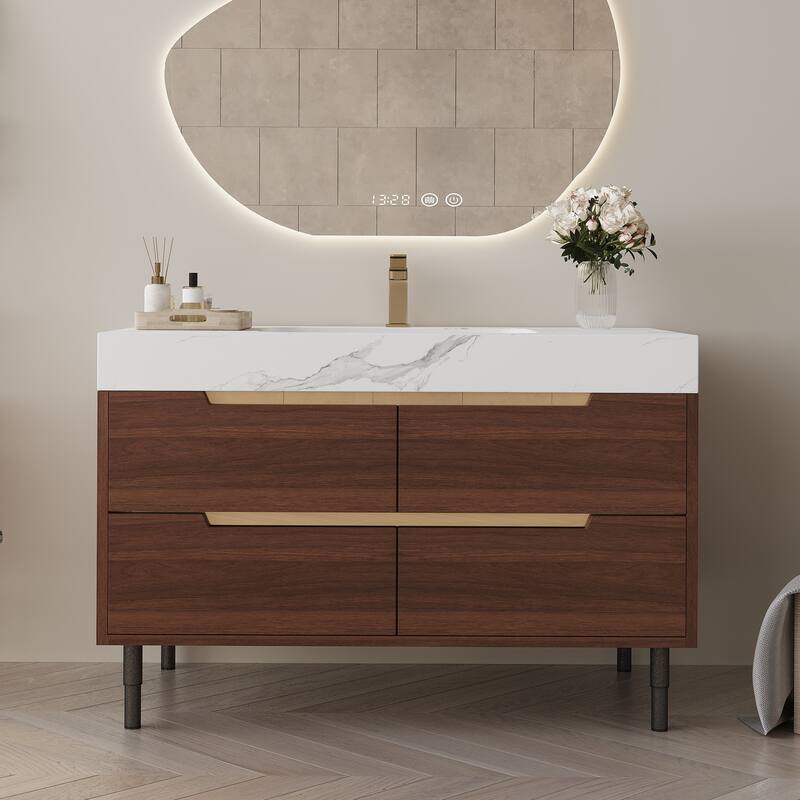 Freestanding/Wall-Mounted Bathroom Vanity with Sink, 4 Storage Drawers, Waterproof Solid Wood Frame and Detachable Iron Legs