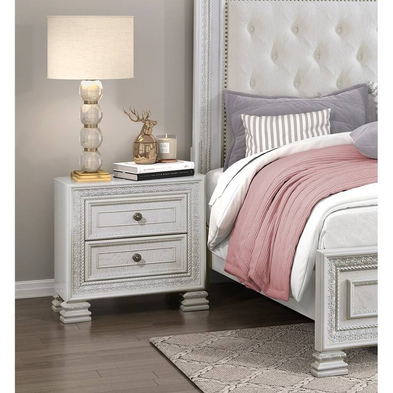 Classic Luxury Nightstand of 2x Drawers Wooden Bedroom Furniture 1pc, Dart Molding Design