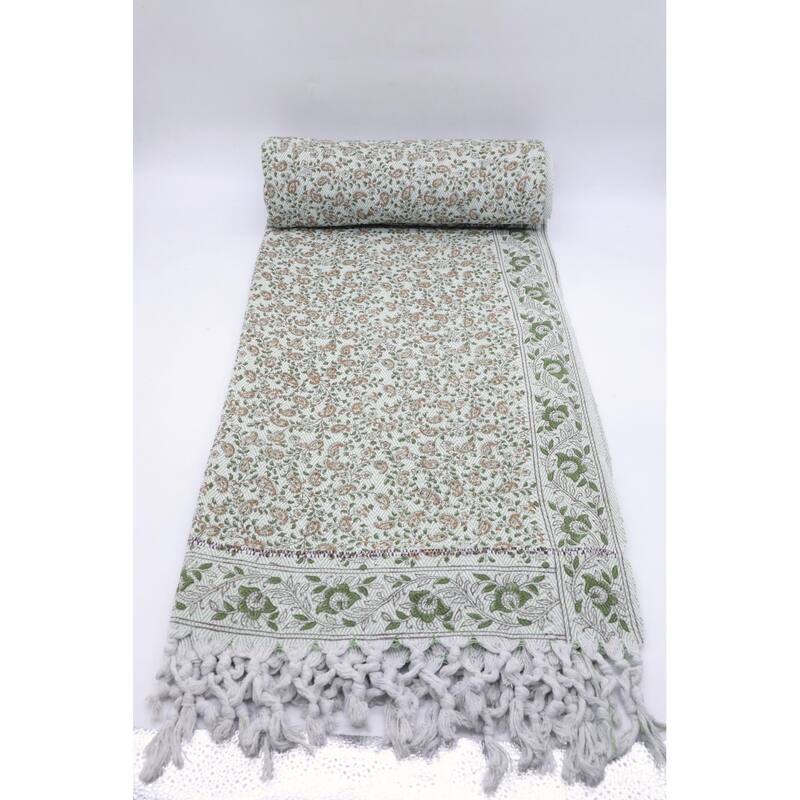 Fabdivine Keri Jaal Handcrafted Cotton Throw - Traditional Indian Block Print Blanket with Fringe, 90" x 54"