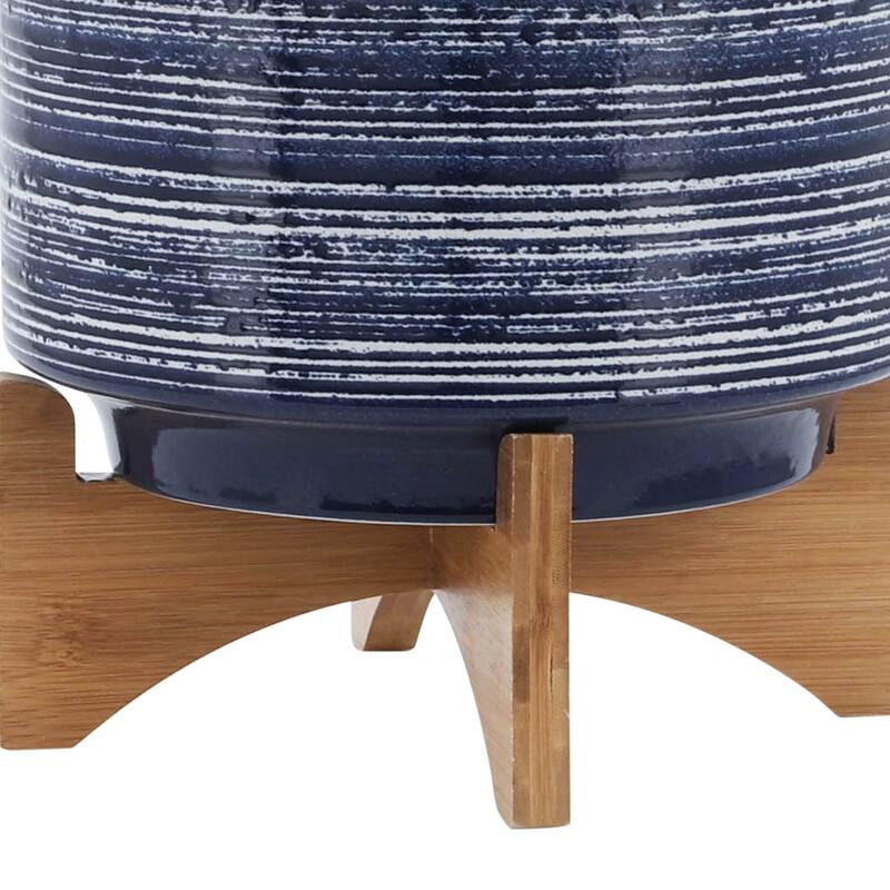 Sagebrook Home Striped Ceramic Planter with Wooden Stand Indoor/Outdoor