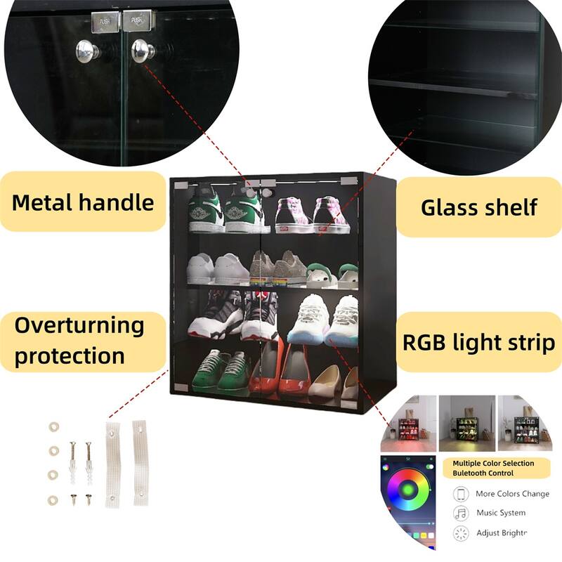 4 Layers Black Shoe Cabinet with Glass Door and Bluetooth LED Light