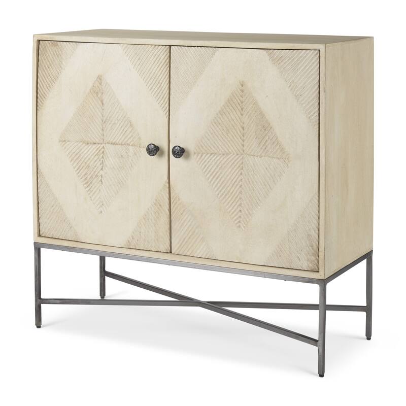 HomeRoots 36" Cream and Gray Solid Wood and Iron Carved Geometric Accent Cabinet With Two Doors