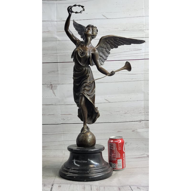 Bronze Sculpture Statue Figure Of Winged Female Angel Holding Wreath Trumpet Horn