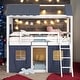 preview thumbnail 1 of 28, Modren Twin over Twin Wood Bunk Bed House Bed With Elegant Windows,Sills and Tent For Bedroom Blue+White
