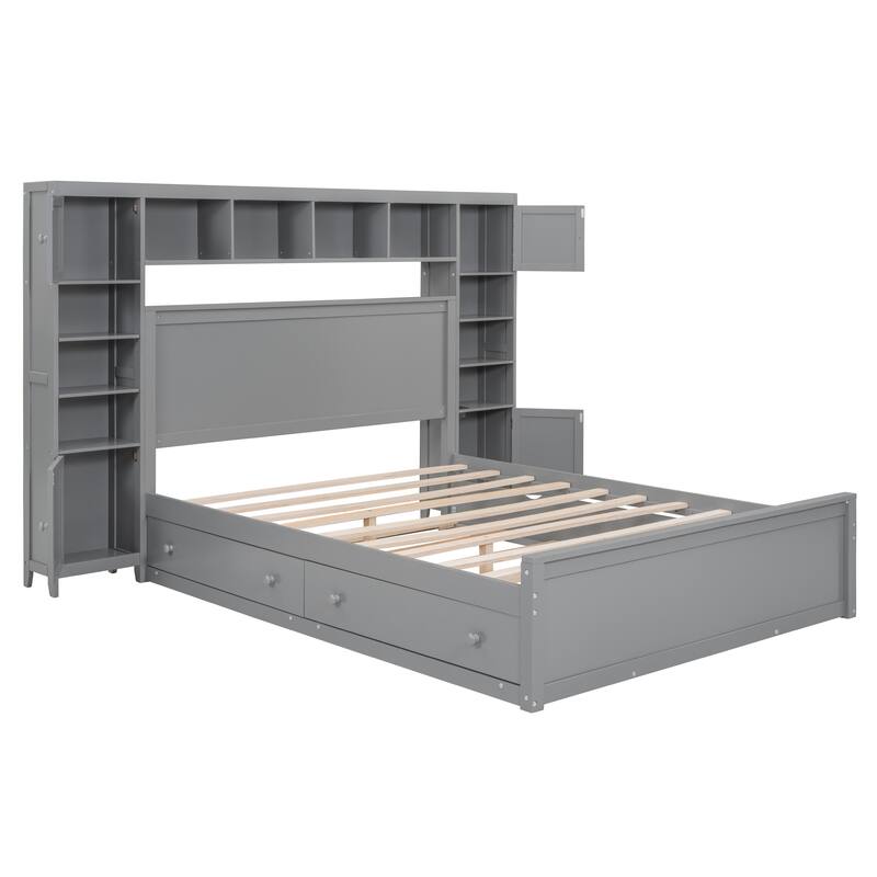 Modern Wooden Platform Bed with All-in-One Cabinet,Shelf and Sockets for Bedroom