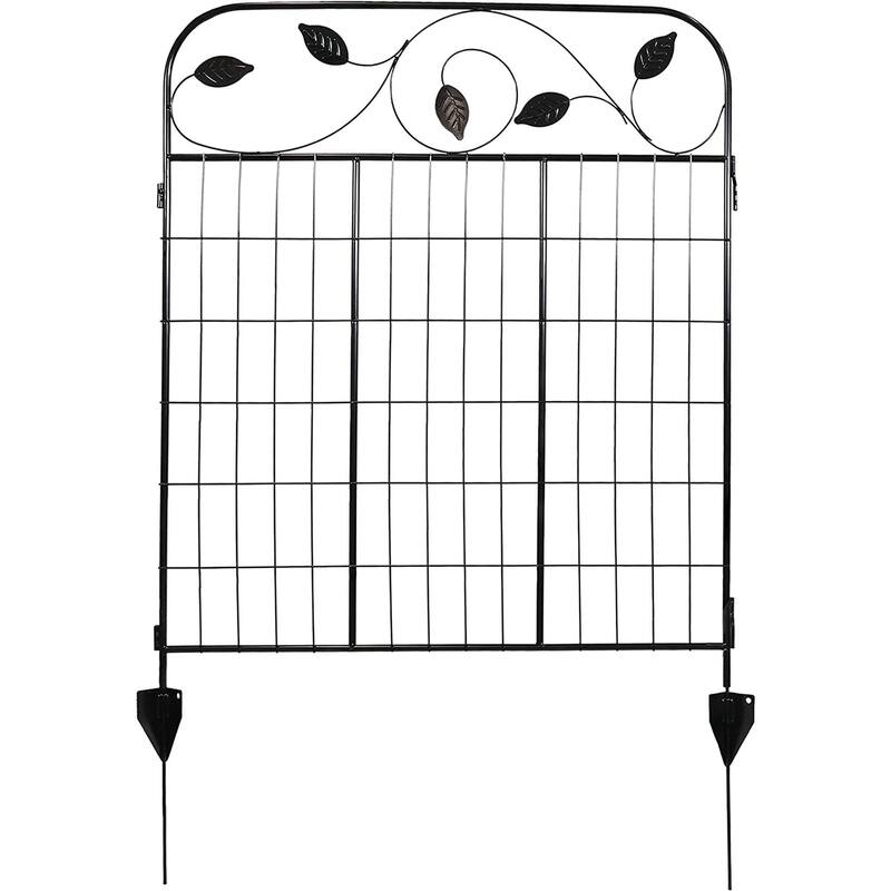 10ft Steel Garden Fencing Panels with Leaf Design Black Powder Coated Yard Border with Stakes - 120.5" W x 36" H