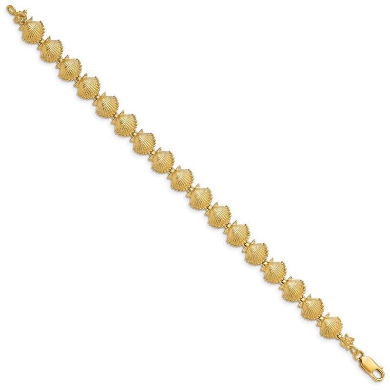 Curata 14k Gold Scallop Shell With Beaded Tips Link Bracelet 7.25 Inch