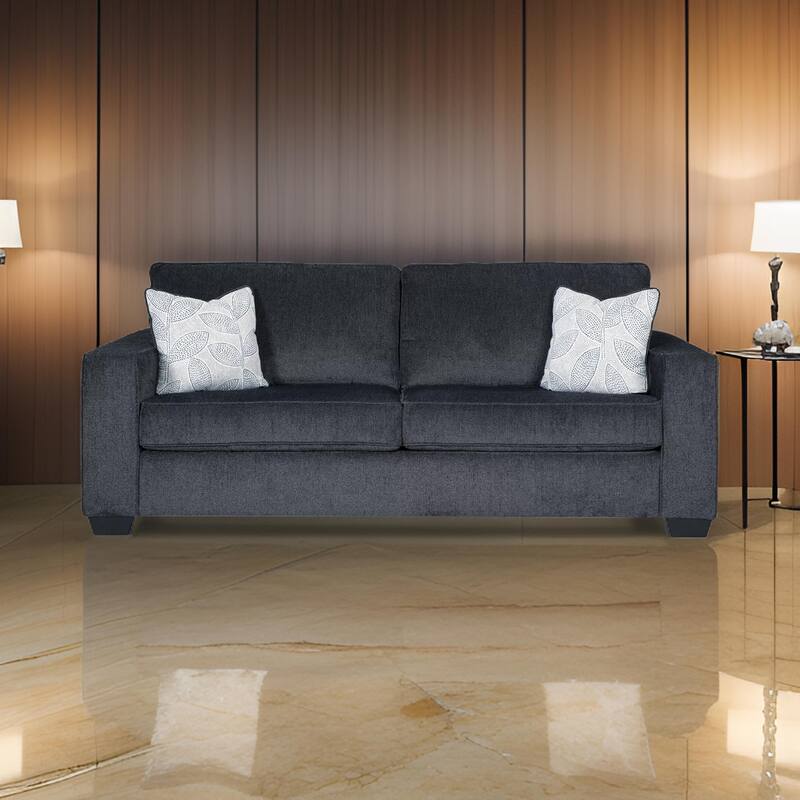Alti 85 Inch Sofa with 2 Floral Print Throw Pillows, Dark Gray Chenille