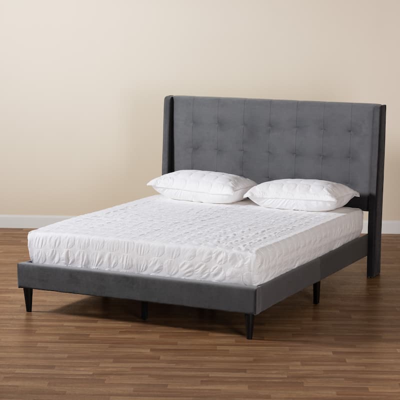 Gothard Modern and Contemporary Velvet Fabric Upholstered and Dark Brown Finished Wood Platform Bed