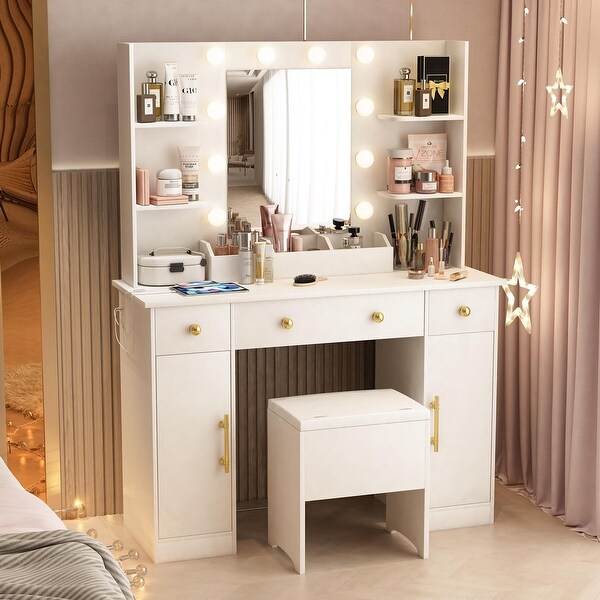 Vanity Desk with Mirror and Lights, 43'' White Makeup