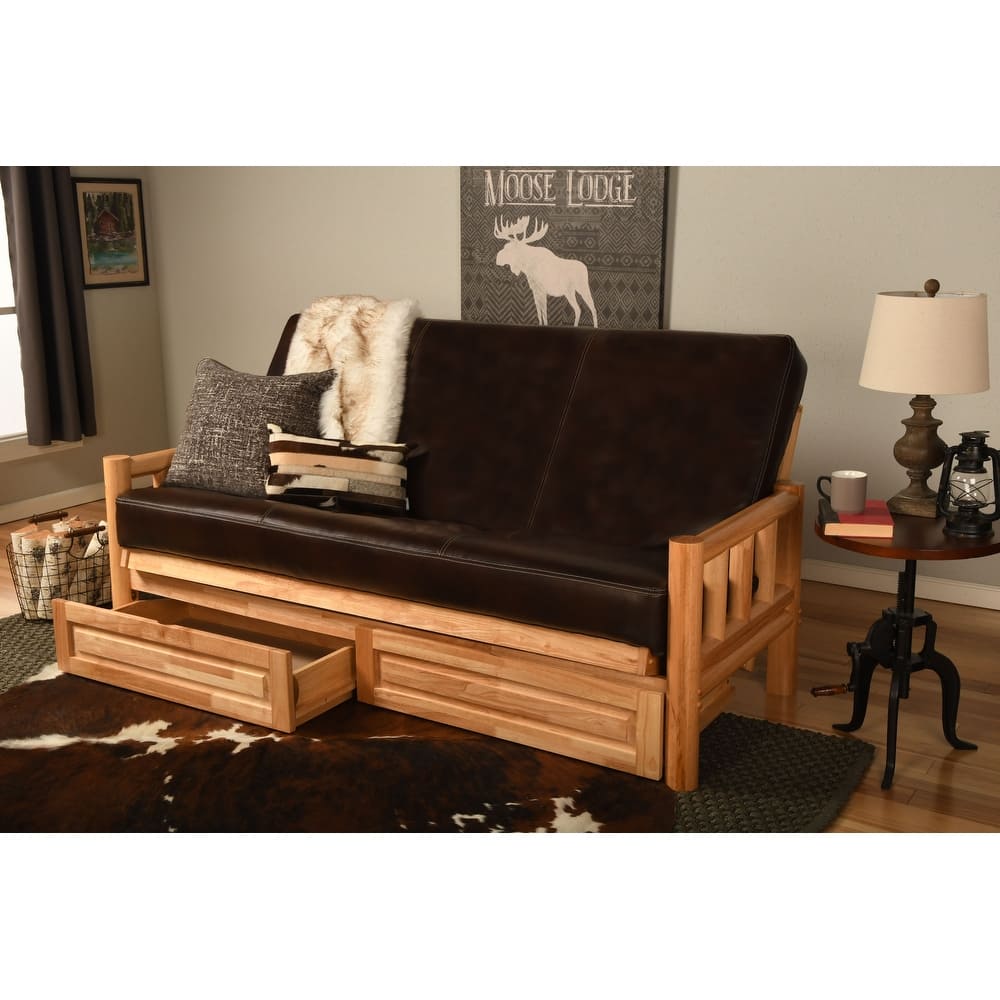 Somette Lodge Storage Futon Set in Natural Finish with Faux Leather Mattress