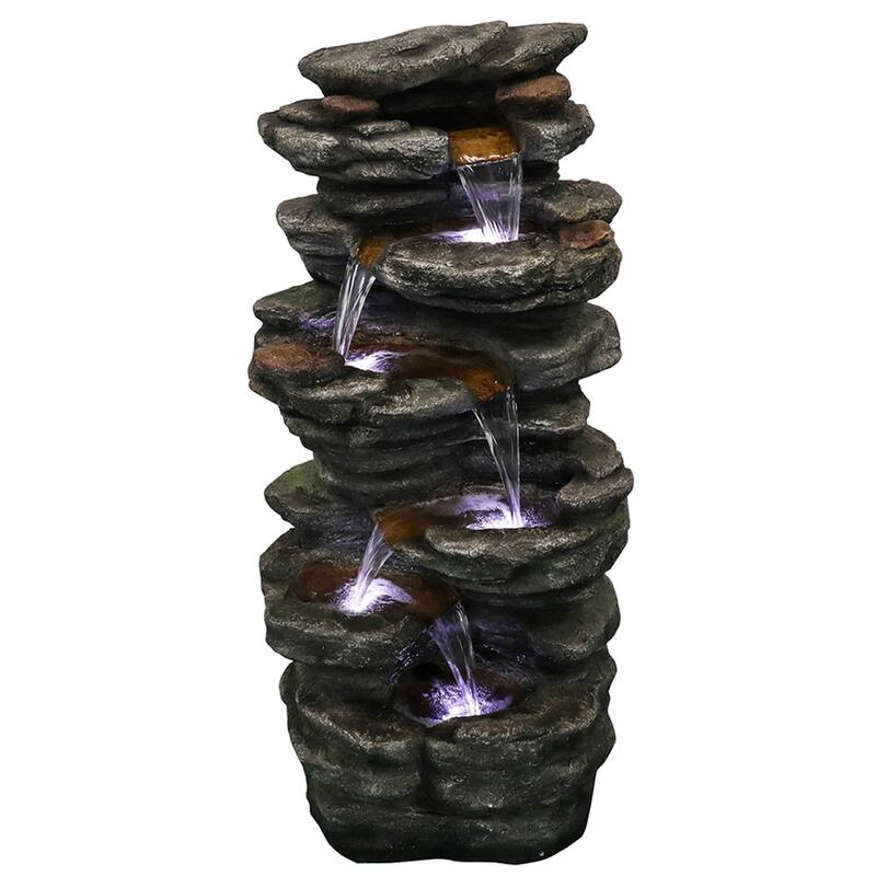 6-Tier Rock Floor Standing Water Fountain with LED Lights and Pump