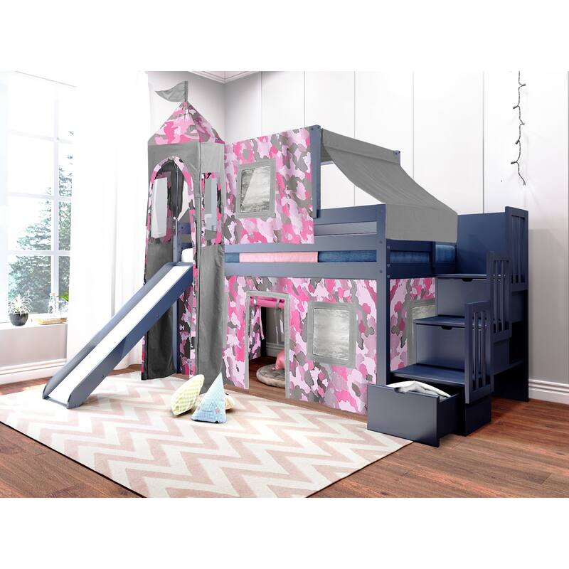 JACKPOT Prince & Princess Low Loft Twin Bed, Stairs Slide Tent & Tower