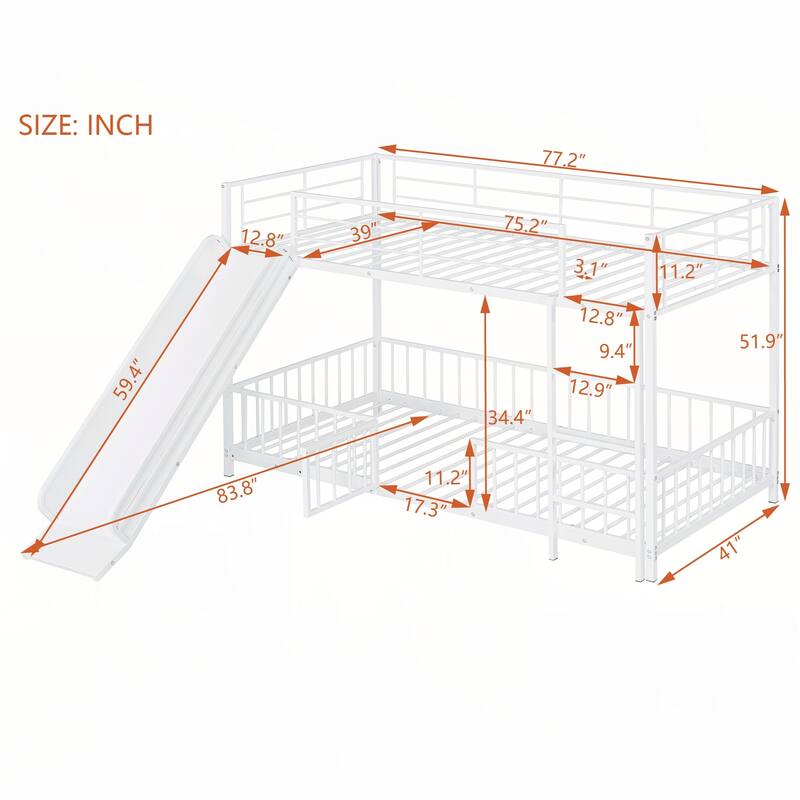 Twin over Twin Size Metal Bunk Bed with Slide and Guardrails