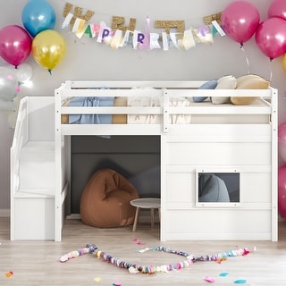 Modern Playful Design Twin Size Loft Bed With Storage Staircase And Window for Bedroom