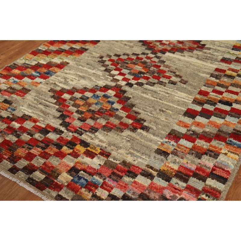 Checkered Moroccan Oriental Area Rug Hand-Knotted Wool Carpet - 5'11" x 7'8"