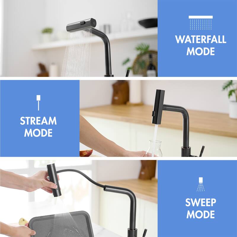Modern Oil-rubbed Bronze Single Handle Kitchen Faucet with Pull Out Sprayer, 3 Function Water Outlet
