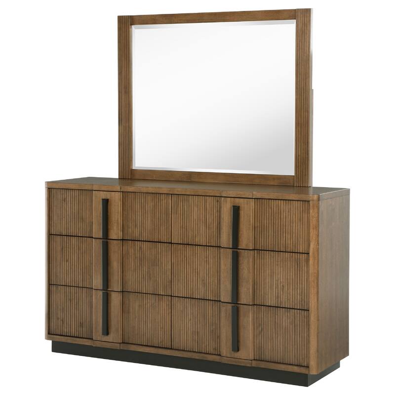 Reon Wide Dresser with Mirror, 6 Drawers, Vertical Fluting, Brown Wood